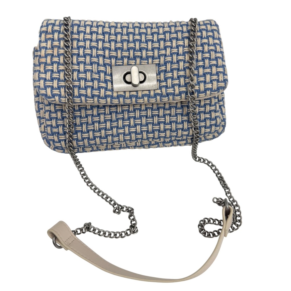 H&M Blue Cream‎ Woven Basketweave Chain Strap Turn Lock Crossbody Shoulder Bag